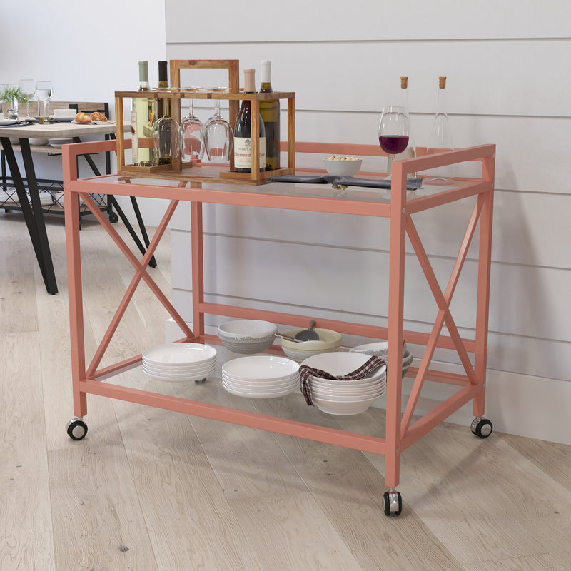Belmount Rolling Bar Cart Contemporary Kitchen Serving Cart with Mirrored Bottom Shelf and Crisscross Rose Gold Metal Frame