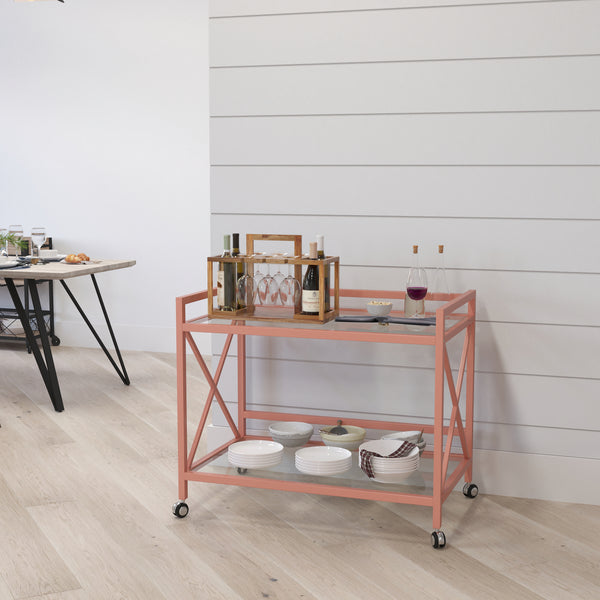 Belmount Rolling Bar Cart Contemporary Kitchen Serving Cart with Mirrored Bottom Shelf and Crisscross Rose Gold Metal Frame