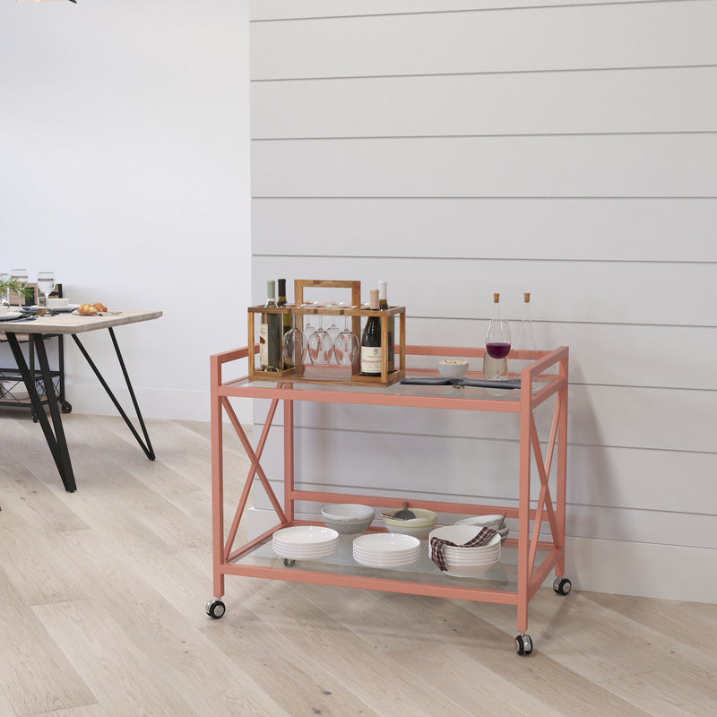 Belmount Rolling Bar Cart Contemporary Kitchen Serving Cart with Mirrored Bottom Shelf and Crisscross Rose Gold Metal Frame