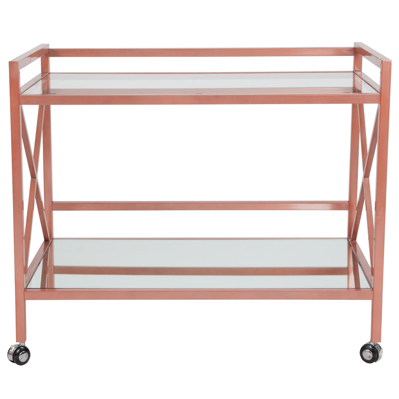 Belmount Rolling Bar Cart Contemporary Kitchen Serving Cart with Mirrored Bottom Shelf and Crisscross Rose Gold Metal Frame