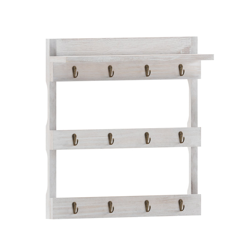 Steeley Wooden Wall Mount 12 Cup Mug Rack Organizer with Upper Storage Shelf and Metal Hanging Hooks with No Assembly Required,  Whitewashed