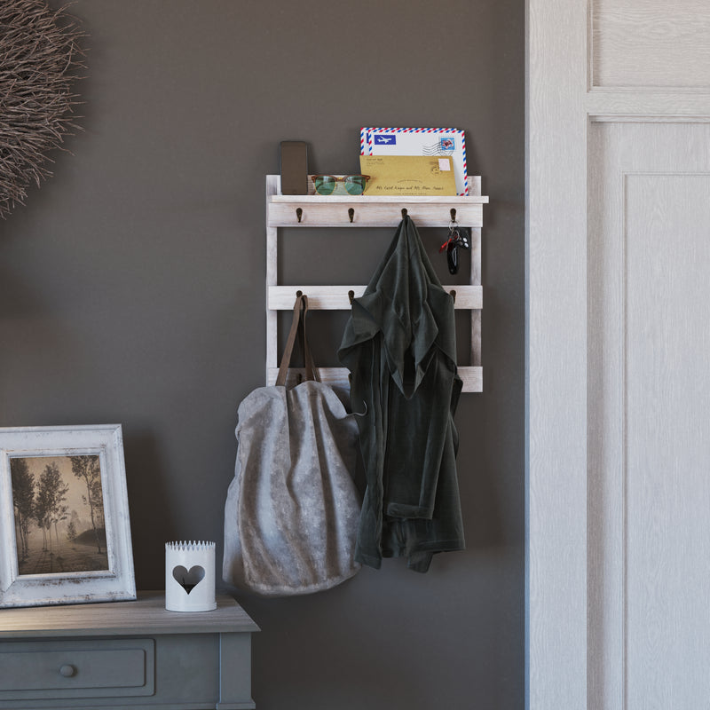 Steeley Wooden Wall Mount 12 Cup Mug Rack Organizer with Upper Storage Shelf and Metal Hanging Hooks with No Assembly Required,  Whitewashed