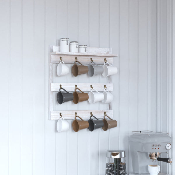 Steeley Wooden Wall Mount 12 Cup Mug Rack Organizer with Upper Storage Shelf and Metal Hanging Hooks with No Assembly Required,  Whitewashed