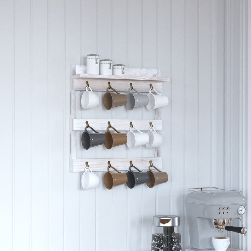 Merrick Lane Steeley Wooden Wall Mount 12 Cup Mug Rack Organizer with Upper Storage Shelf and Metal Hanging Hooks- Whitewashed