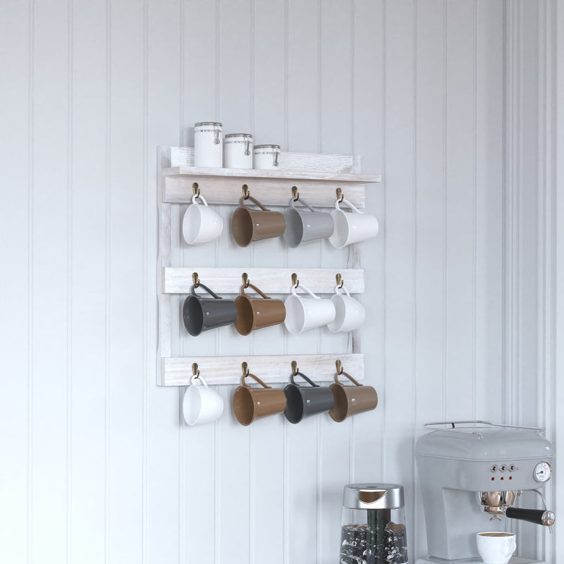 Steeley Wooden Wall Mount 12 Cup Mug Rack Organizer with Upper Storage Shelf and Metal Hanging Hooks with No Assembly Required,  Whitewashed