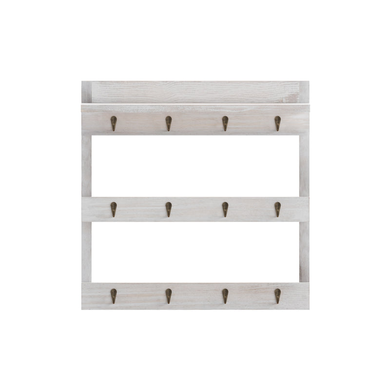 Steeley Wooden Wall Mount 12 Cup Mug Rack Organizer with Upper Storage Shelf and Metal Hanging Hooks with No Assembly Required,  Whitewashed
