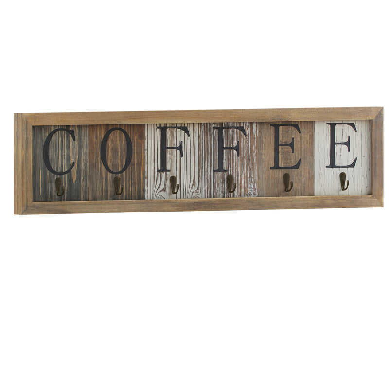 Pheltz Wooden Wall Mount 6 Cup Distressed Wood Grain Printed COFFEE Mug Organizer with Metal Hanging Hooks, No Assembly Required