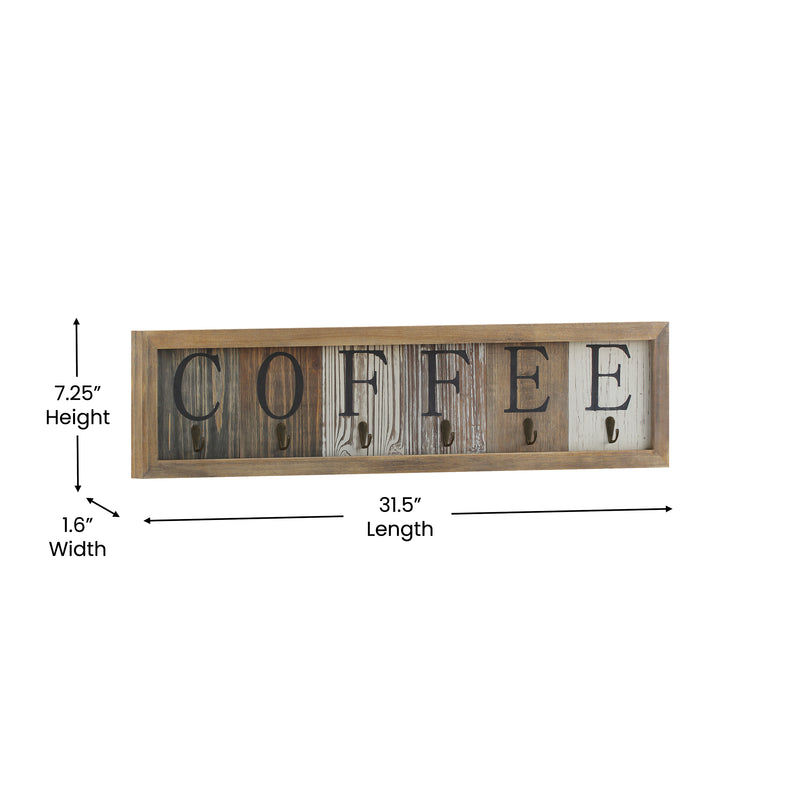 Pheltz Wooden Wall Mount 6 Cup Distressed Wood Grain Printed COFFEE Mug Organizer with Metal Hanging Hooks, No Assembly Required