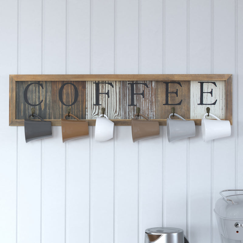 Pheltz Wooden Wall Mount 6 Cup Distressed Wood Grain Printed COFFEE Mug Organizer with Metal Hanging Hooks, No Assembly Required