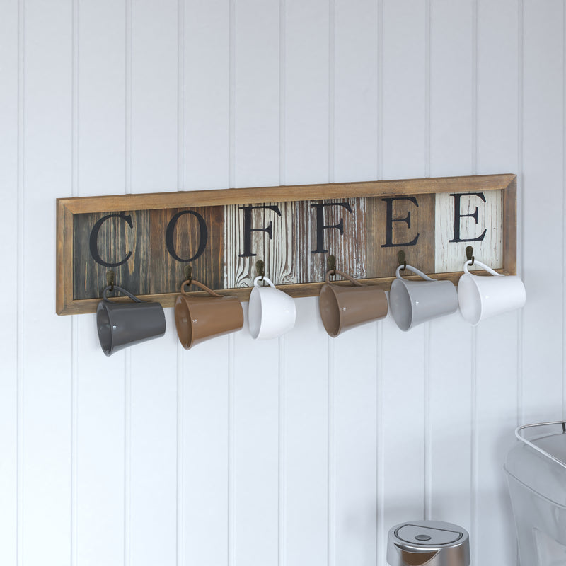 Pheltz Wooden Wall Mount 6 Cup Distressed Wood Grain Printed COFFEE Mug Organizer with Metal Hanging Hooks, No Assembly Required