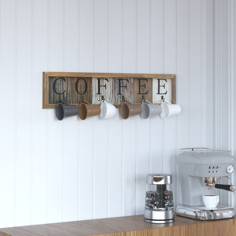 Pheltz Wooden Wall Mount 6 Cup Distressed Wood Grain Printed COFFEE Mug Organizer with Metal Hanging Hooks, No Assembly Required