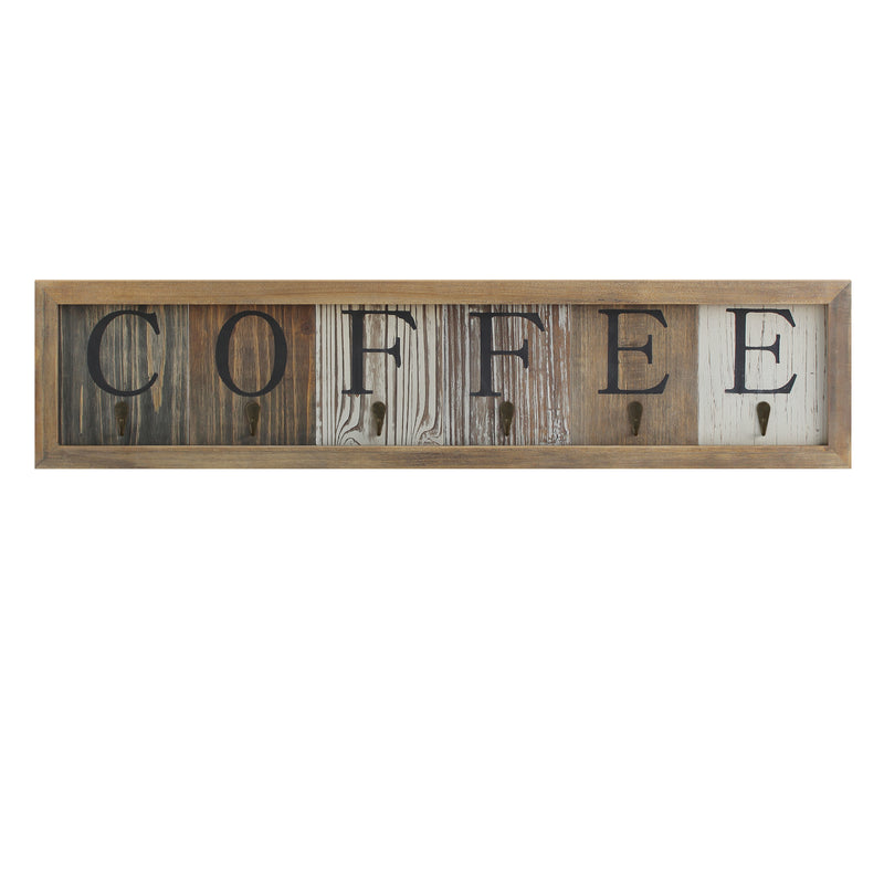 Pheltz Wooden Wall Mount 6 Cup Distressed Wood Grain Printed COFFEE Mug Organizer with Metal Hanging Hooks, No Assembly Required