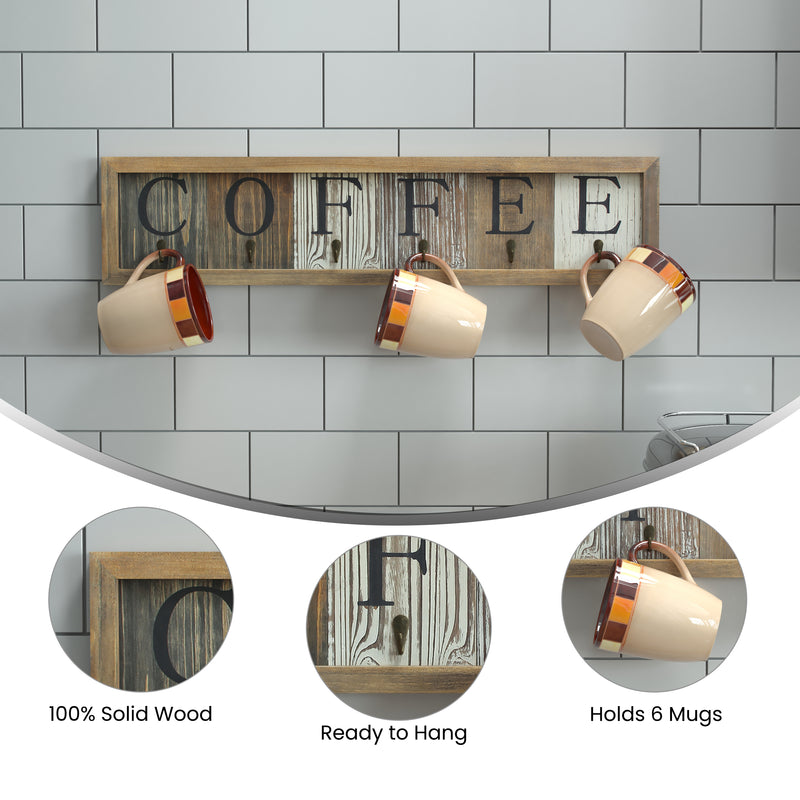 Pheltz Wooden Wall Mount 6 Cup Distressed Wood Grain Printed COFFEE Mug Organizer with Metal Hanging Hooks, No Assembly Required