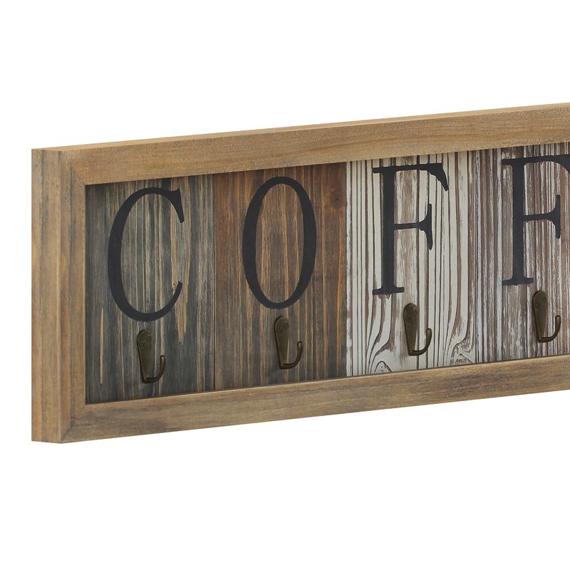Pheltz Wooden Wall Mount 6 Cup Distressed Wood Grain Printed COFFEE Mug Organizer with Metal Hanging Hooks, No Assembly Required
