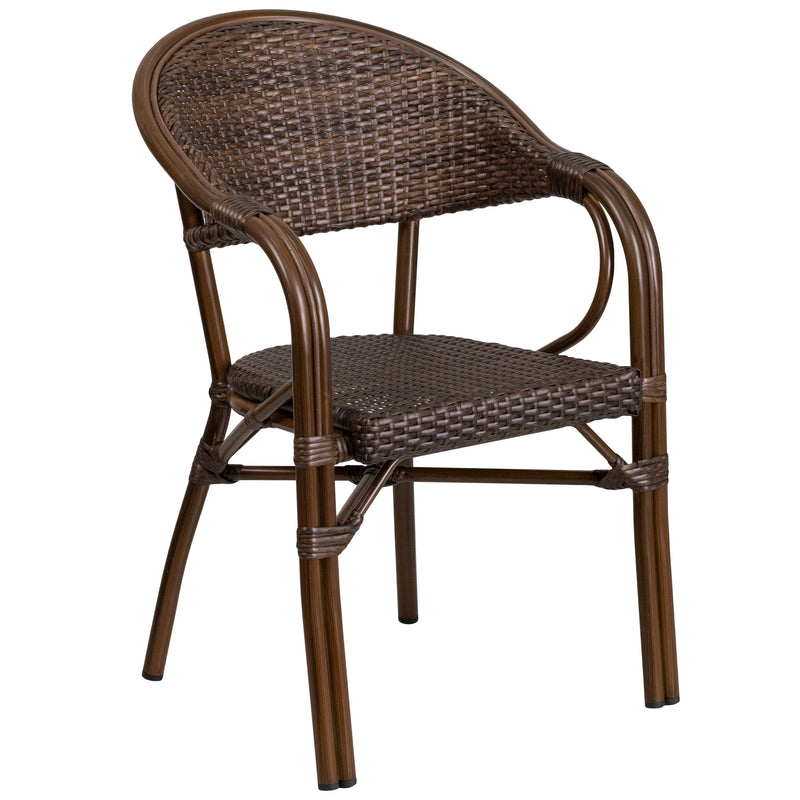 Kailua Cocoa Brown Wicker Rattan Patio Chair With Curved Back And Aluminum Bamboo Frame