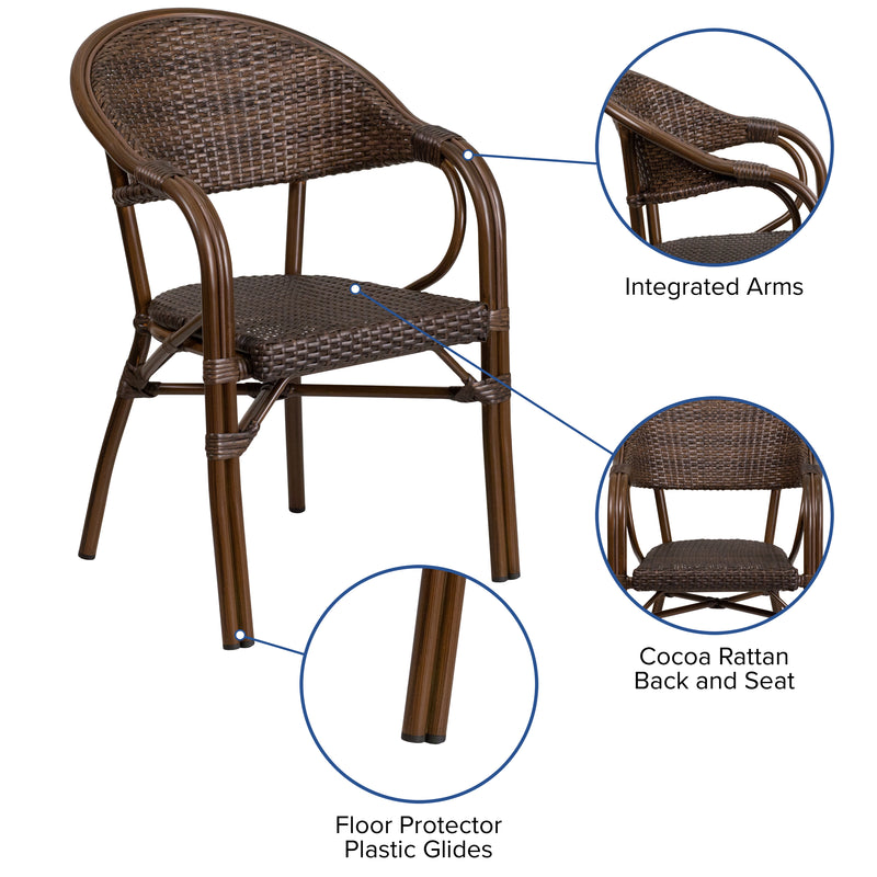 Kailua Cocoa Brown Wicker Rattan Patio Chair With Curved Back And Aluminum Bamboo Frame