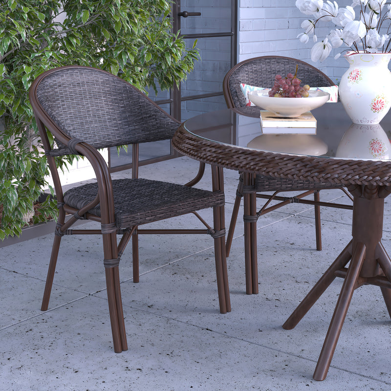 Kailua Dark Brown Wicker Rattan Patio Chair With Curved Back And Red Aluminum Bamboo Frame