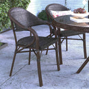 Kailua Dark Brown Wicker Rattan Patio Chair With Curved Back And Red Aluminum Bamboo Frame