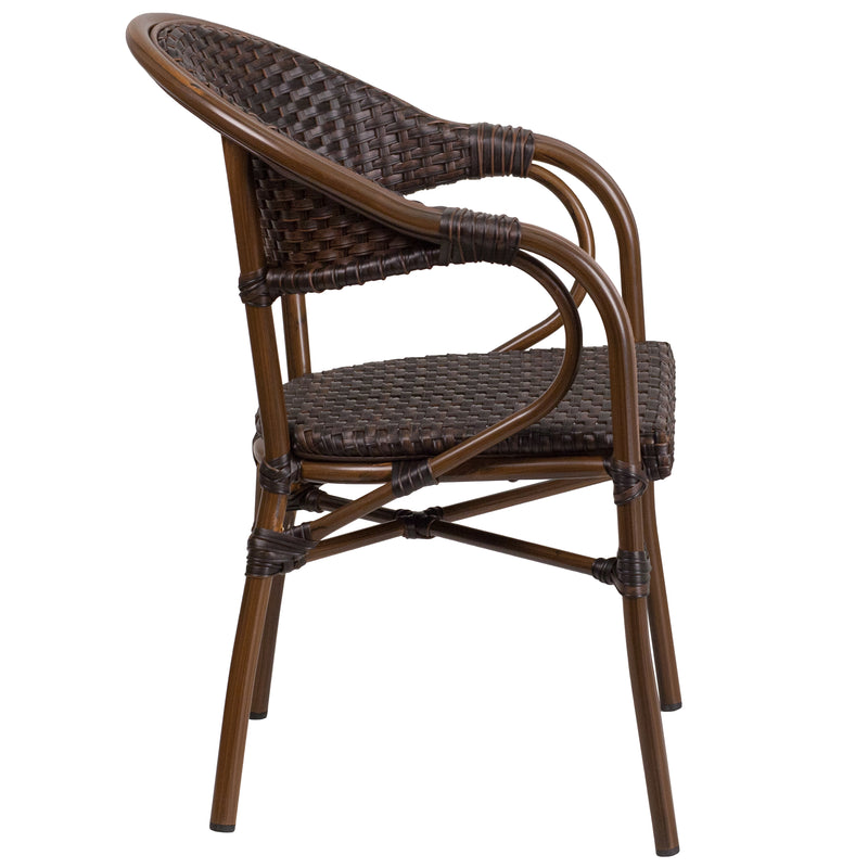 Kailua Dark Brown Wicker Rattan Patio Chair With Curved Back And Red Aluminum Bamboo Frame