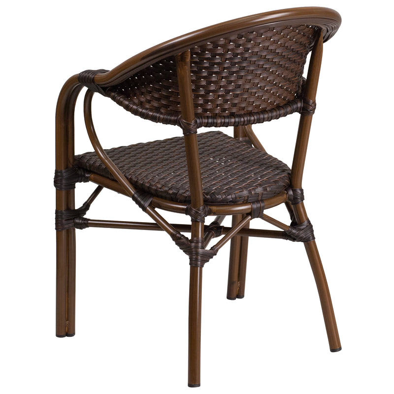 Kailua Dark Brown Wicker Rattan Patio Chair With Curved Back And Red Aluminum Bamboo Frame