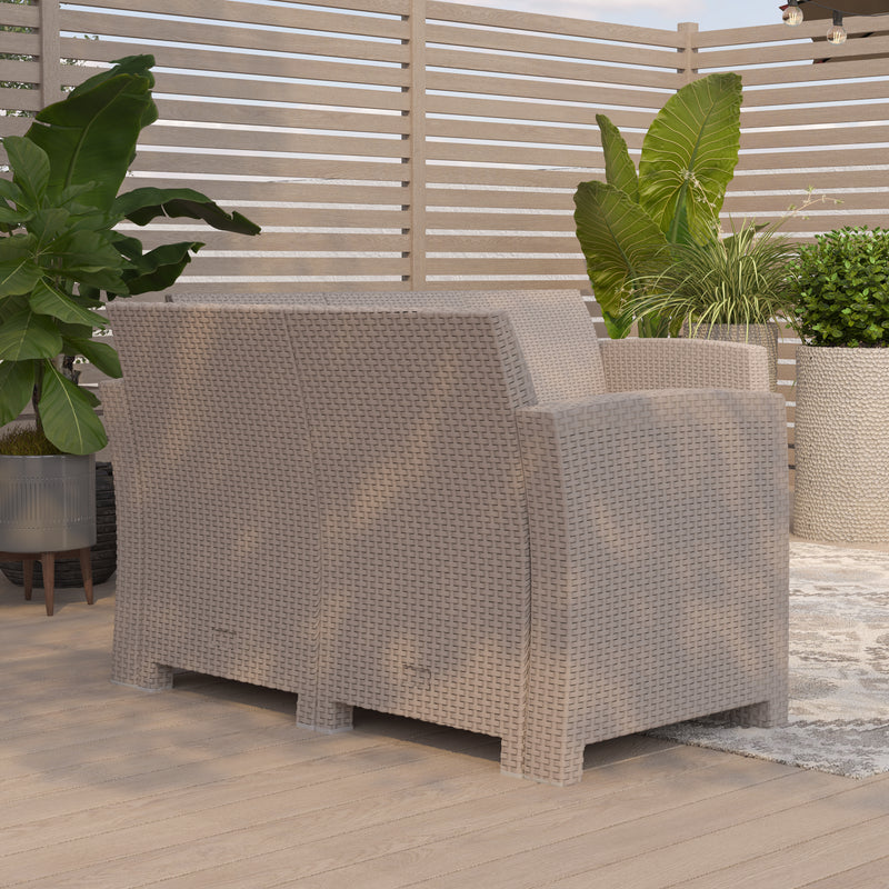 Malmok Outdoor Furniture Resin Loveseat Light Gray Faux Rattan Wicker Pattern 2-Seat Loveseat With All-Weather Beige Cushions