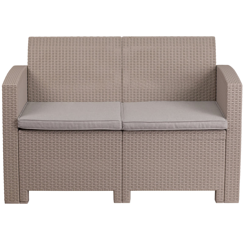 Malmok Outdoor Furniture Resin Loveseat Light Gray Faux Rattan Wicker Pattern 2-Seat Loveseat With All-Weather Beige Cushions