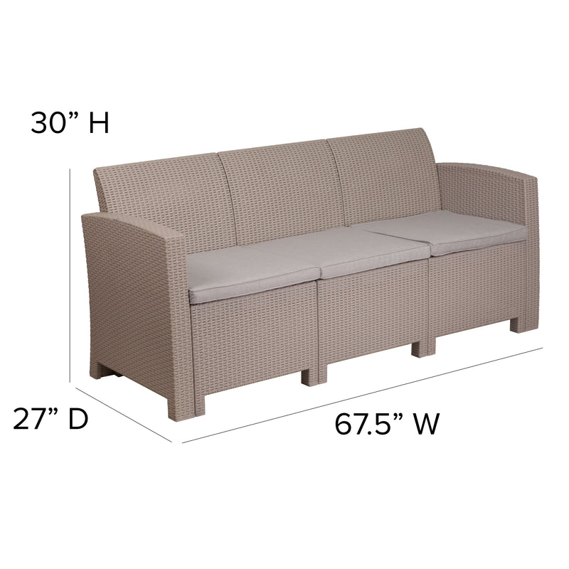 Malmok Outdoor Furniture Resin Sofa Light Gray Faux Rattan Wicker Pattern Patio 3-Seat Sofa With All-Weather Beige Cushions