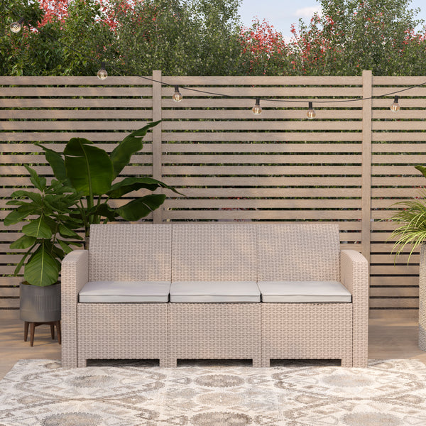 Malmok Outdoor Furniture Resin Sofa Light Gray Faux Rattan Wicker Pattern Patio 3-Seat Sofa With All-Weather Beige Cushions