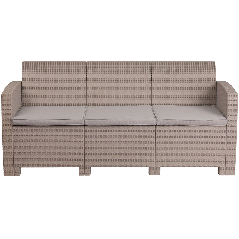 Malmok Outdoor Furniture Resin Sofa Light Gray Faux Rattan Wicker Pattern Patio 3-Seat Sofa With All-Weather Beige Cushions