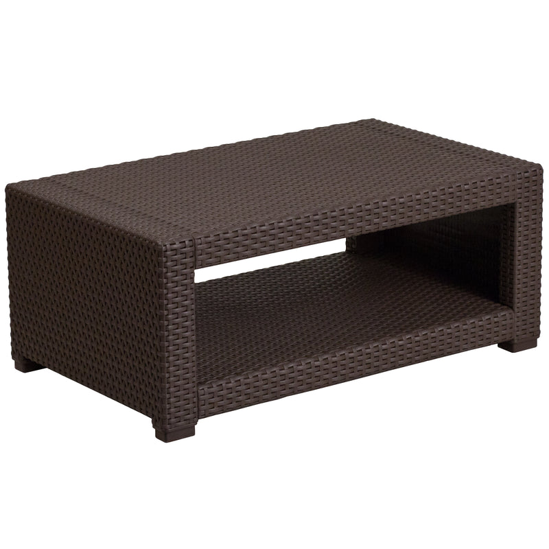Malmok Outdoor Furniture Coffee Table Chocolate Brown Faux Rattan Wicker Pattern All-Weather Patio Coffee Table With Shelving