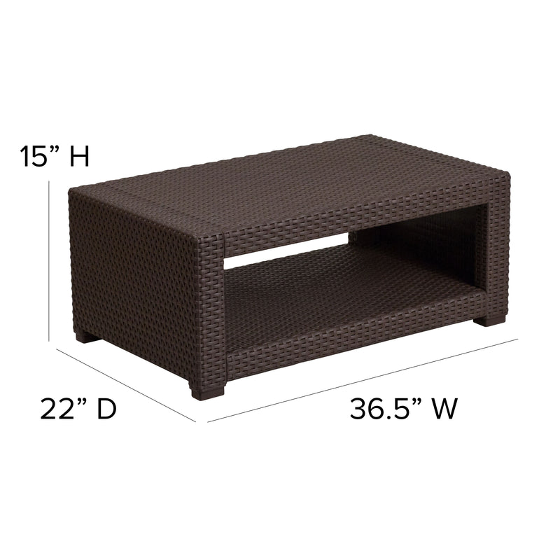 Malmok Outdoor Furniture Coffee Table Chocolate Brown Faux Rattan Wicker Pattern All-Weather Patio Coffee Table With Shelving