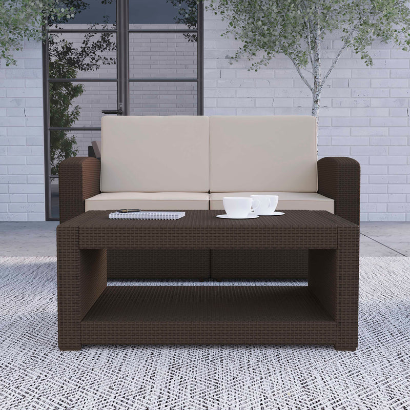 Malmok Outdoor Furniture Coffee Table Chocolate Brown Faux Rattan Wicker Pattern All-Weather Patio Coffee Table With Shelving