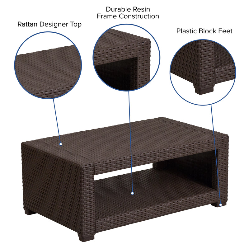 Malmok Outdoor Furniture Coffee Table Chocolate Brown Faux Rattan Wicker Pattern All-Weather Patio Coffee Table With Shelving
