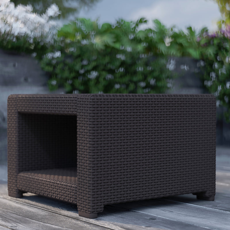 Malmok Outdoor Furniture Side Table Chocolate Brown Faux Rattan Wicker Pattern All-Weather Patio Side Table With Shelving
