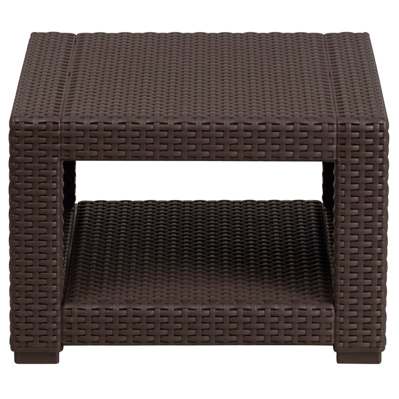 Malmok Outdoor Furniture Side Table Chocolate Brown Faux Rattan Wicker Pattern All-Weather Patio Side Table With Shelving