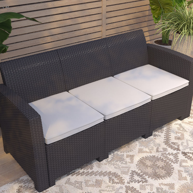 Malmok Outdoor Furniture Resin Sofa Dark Gray Faux Rattan Wicker Pattern Patio 3-Seat Sofa With All-Weather Beige Cushions