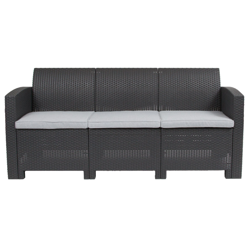 Malmok Outdoor Furniture Resin Sofa Dark Gray Faux Rattan Wicker Pattern Patio 3-Seat Sofa With All-Weather Beige Cushions