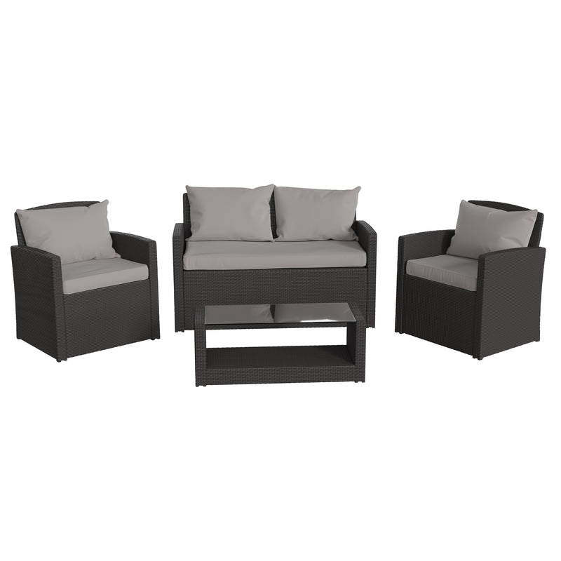 Atlas 4 Piece Patio Set Contemporary Black Loveseat, 2 Chair and Coffee Table Set with Gray Back Pillows and Seat Cushions
