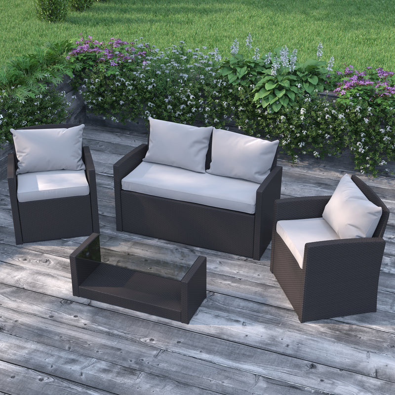 Atlas 4 Piece Patio Set Contemporary Black Loveseat, 2 Chair and Coffee Table Set with Gray Back Pillows and Seat Cushions