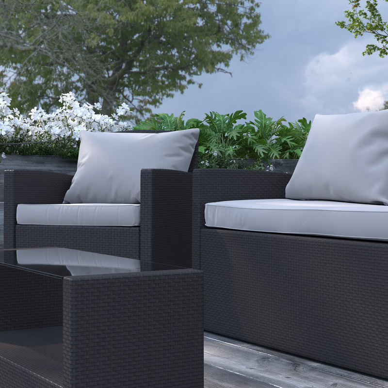Atlas 4 Piece Patio Set Contemporary Black Loveseat, 2 Chair and Coffee Table Set with Gray Back Pillows and Seat Cushions