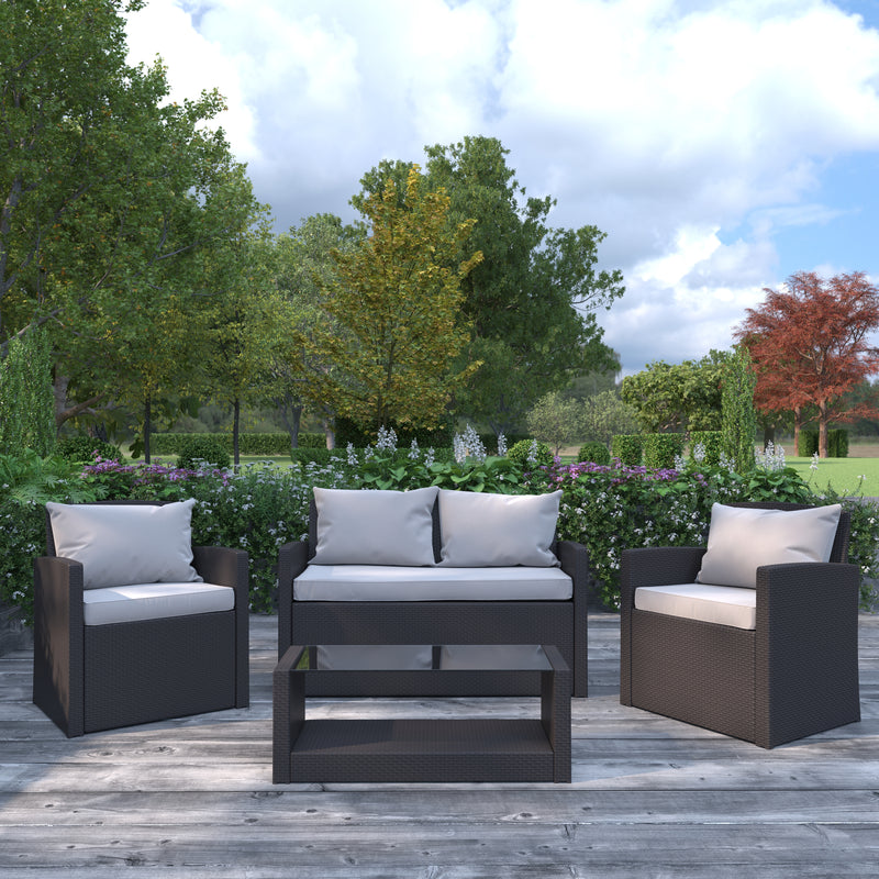 Atlas 4 Piece Patio Set Contemporary Black Loveseat, 2 Chair and Coffee Table Set with Gray Back Pillows and Seat Cushions