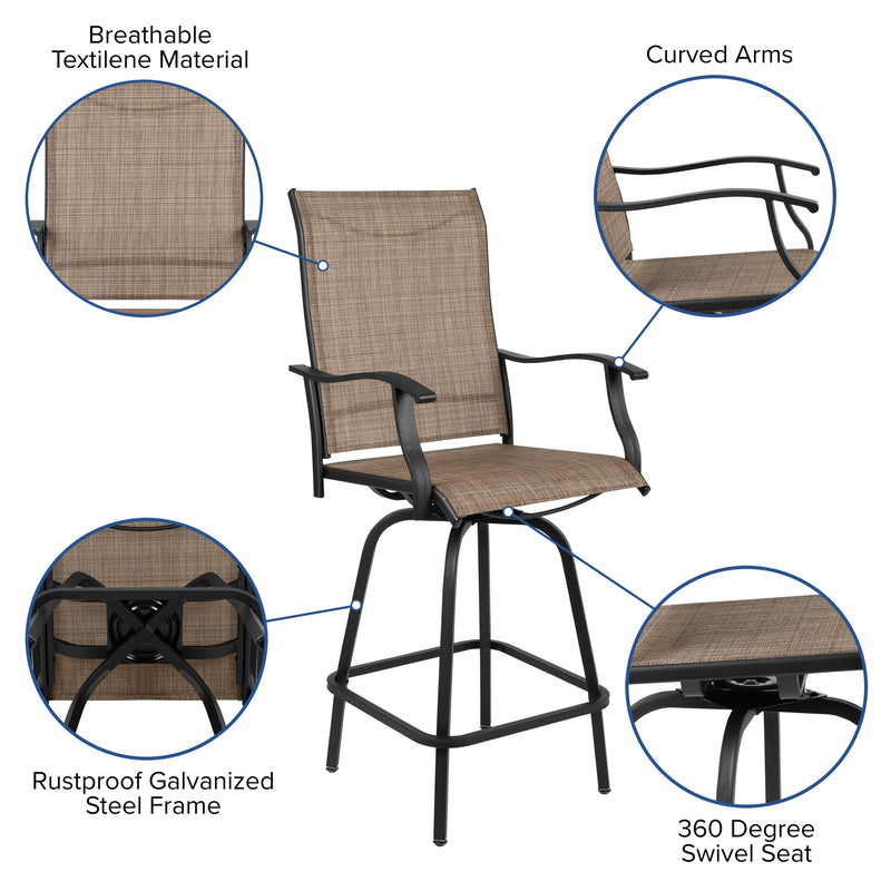 Set of 2 Brett High Back Bar Height Swivel Patio Stools with Powder Coated Metal Frames and Textilene Upholstery
