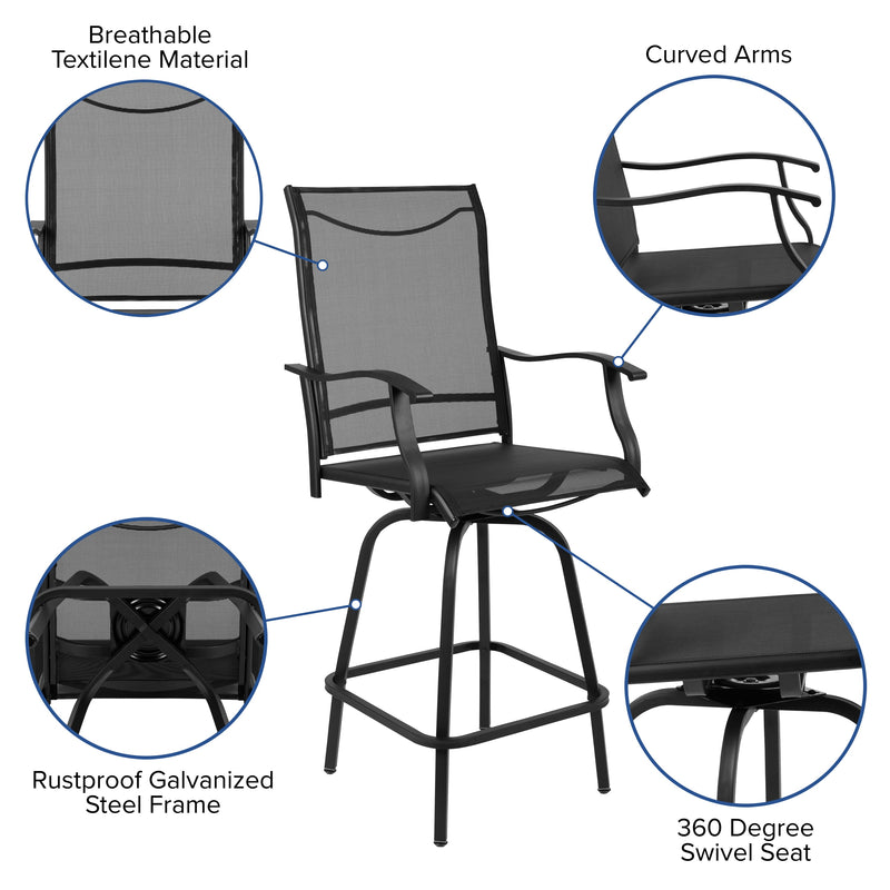 Set of 2 Brett High Back Bar Height Swivel Patio Stools with Powder Coated Metal Frames and Textilene Upholstery