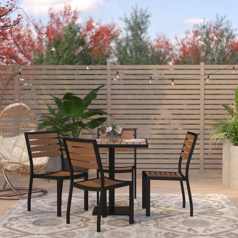 Kersey Outdoor Stackable Side Chair Faux Poly Teak Wood and Metal Patio and Deck Chair for All-Weather Use