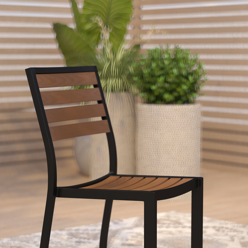 Kersey Outdoor Stackable Side Chair Faux Poly Teak Wood and Metal Patio and Deck Chair for All-Weather Use