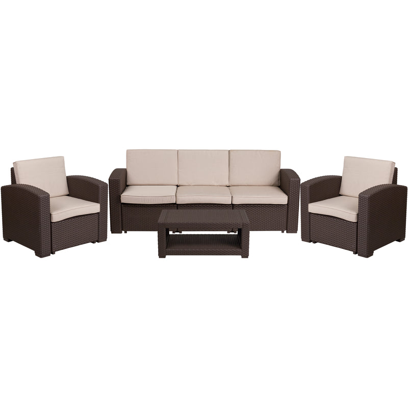Vivian 4 Piece Chocolate Brown Faux Rattan Patio Furniture Set with 2 Chairs and Sofa with Removable Beige Cushions and Table