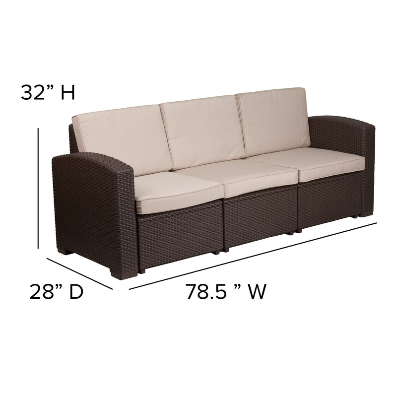 Vivian 4 Piece Chocolate Brown Faux Rattan Patio Furniture Set with 2 Chairs and Sofa with Removable Beige Cushions and Table