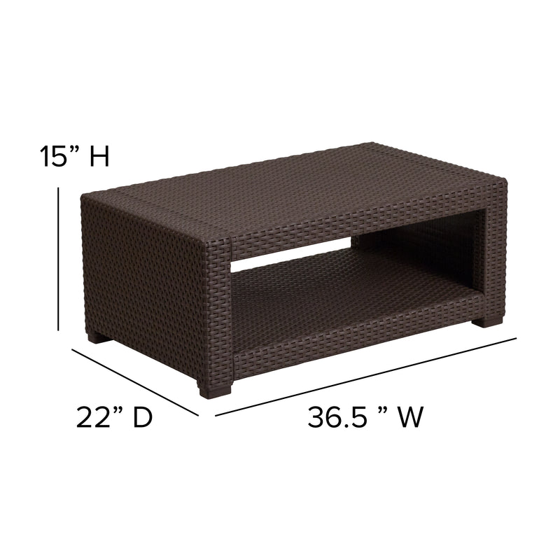 Vivian 4 Piece Chocolate Brown Faux Rattan Patio Furniture Set with 2 Chairs and Sofa with Removable Beige Cushions and Table