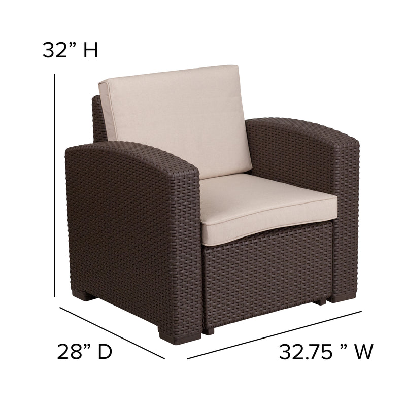 Vivian 4 Piece Chocolate Brown Faux Rattan Patio Furniture Set with 2 Chairs and Sofa with Removable Beige Cushions and Table