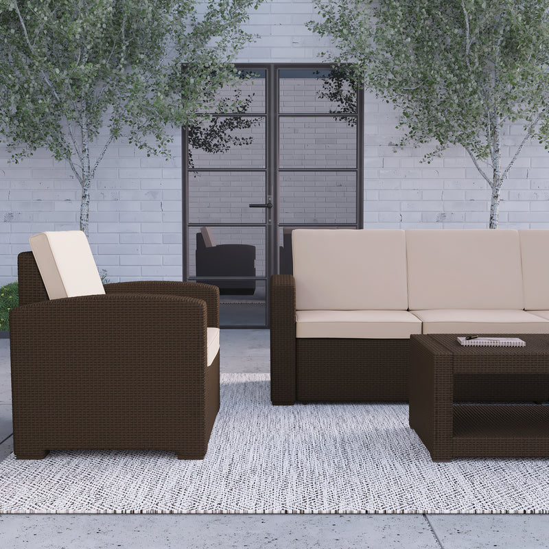 Vivian 4 Piece Chocolate Brown Faux Rattan Patio Furniture Set with 2 Chairs and Sofa with Removable Beige Cushions and Table